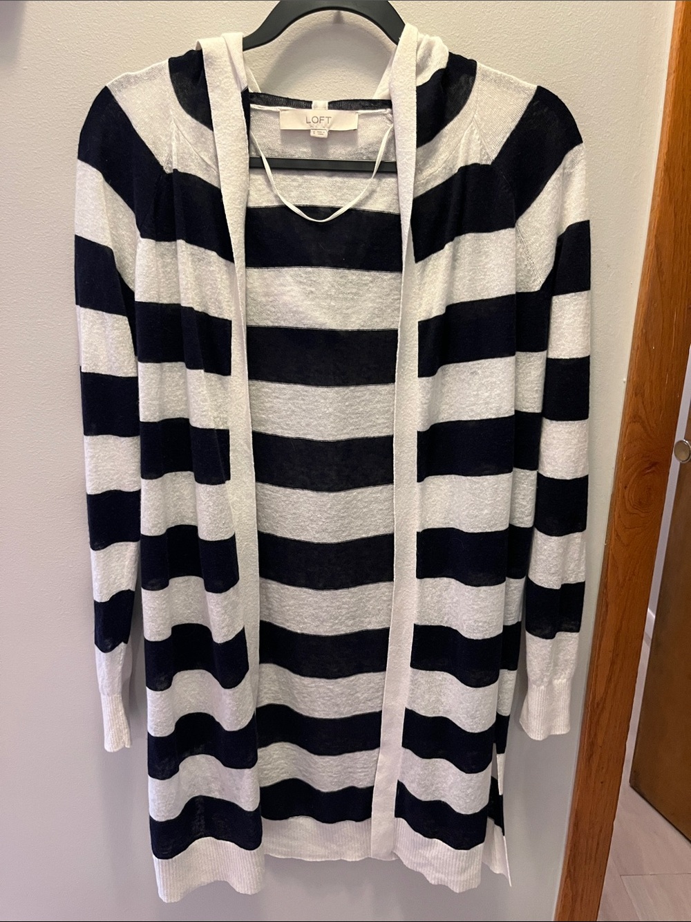 LOFT Navy and White Striped Hooded Open-Front Cardigan